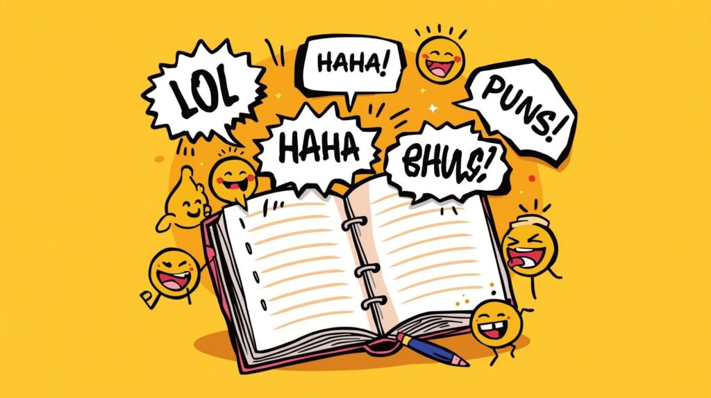 colorful funny puns illustration with laughing emojis and joke notebook