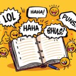 colorful funny puns illustration with laughing emojis and joke notebook