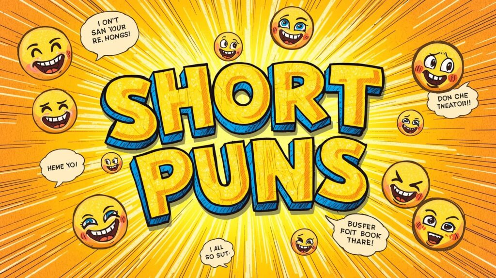 colorful short puns illustration with laughing emojis and joke speech bubbles
